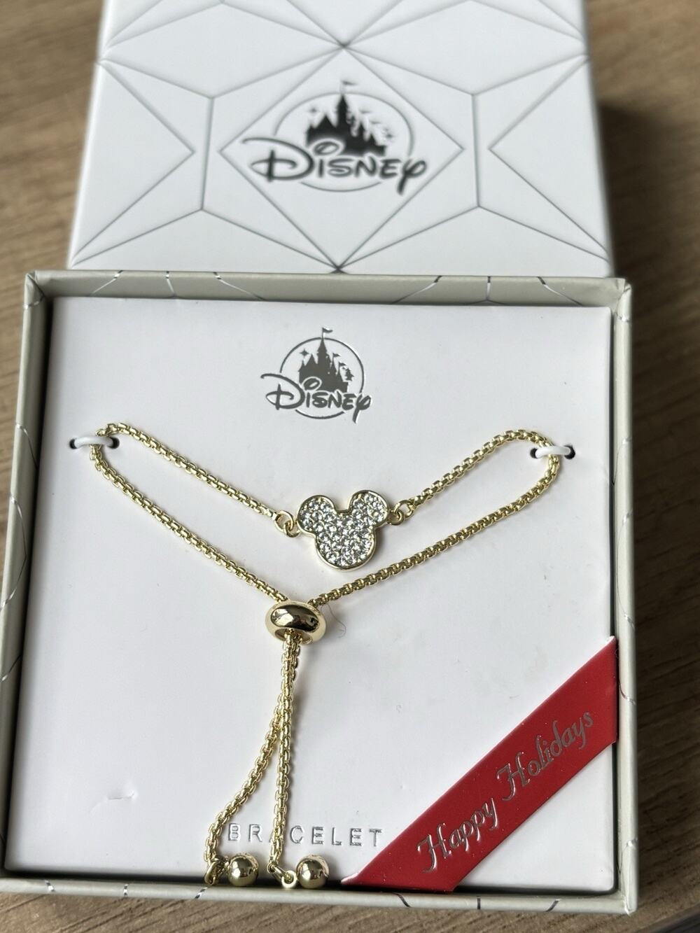 Disney Parks Mickey Mouse Pave Crystal Gold Tone Adjustable Slider Bracelet NIB